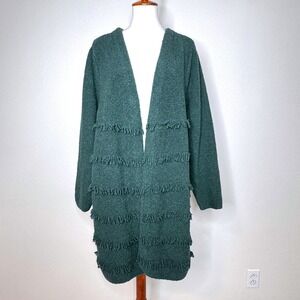 J. JILL Open Front Long Cardigan 2X Dk Green Chenille Fringe Western Cozy Soft
